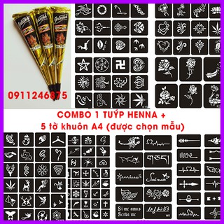 COMBO 1 Tuýp henna đen 25g + 5 bảng khuôn A4 (inbox chọn mẫu)