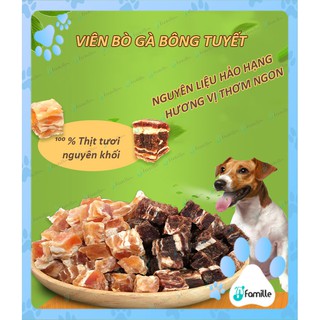 [TƯƠI NGON] Viên Bò Gà Bông Tuyết -Thịt Tươi Nguyên Khối - Bánh Thưởng Cho Chó Mèo 100gr - JFamille Pet Snack