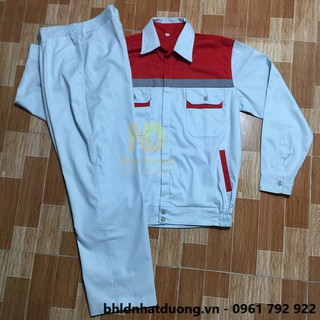 Quần áo bảo hộ lao động vải kaki 65/35 - ghi trắng phối đỏ - thấm hút mồ hôi tốt , không xù lông - hình thật