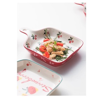 Đĩa sứ Cherry dáng vuông có tay cầm dài decor bàn ăn, trang trí món ăn