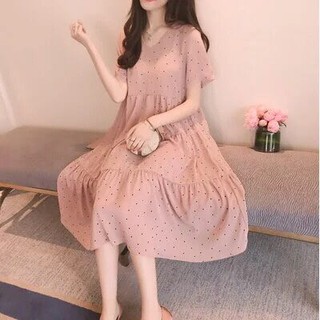 Váy bầu (Đầm bầu) hồng chấm bi nhí Voan cao cấp 2019 (1)