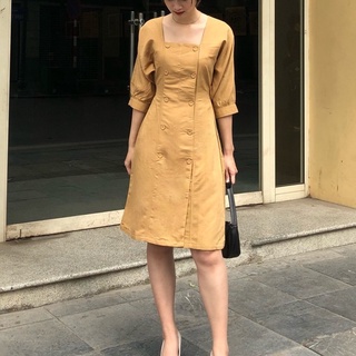 MSD005 Đầm Tay Lỡ 2 Hàng Cúc Màu Nâu Cam Váy Xinh Xắn Phong Cách Hàn Quốc Nữ Tính Tay Đơn Giản Sang Trọng