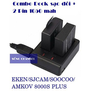[Siêu Khuyến Mại] Combo Dock sạc đôi + 2 Pin 1050mAh dùng cho Eken, SJ Cam, SooCoo, Amkov 8000s Plus