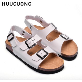 Giày sandal nữ HuuCuong 2 khóa màu trắng đế trấu handmade