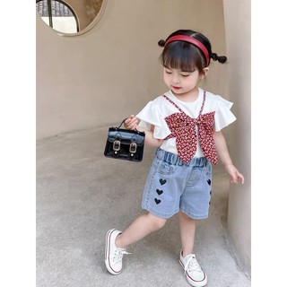 (8-22kg)Set áo nơ phối quần jean siêu cute cho bé gái(clip thật)