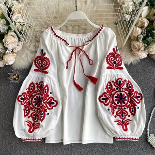 [HÀNG ORDER] Áo blouse baby doll hoạ tiết thêu hoa style boho tay dài bồng Quảng Châu