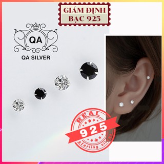 Khuyên tai nụ bạc đính đá 4 chấu bông bạc trơn tối giản đen trắng S925 BASIC Silver Earrings QA SILVER EA170801