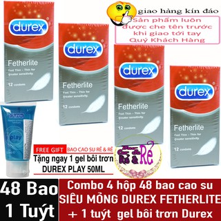 [FREE SHIP] 4 Hộp 48 cái Bao Cao Su SIÊU MỎNG Durex Fetherlite + 1 tuýt gel bôi trơn Durex Play