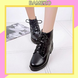 Boot nữ Bamezo giày độn đế nữ da buộc dây cao cổ màu đen trơn thời trang BT2
