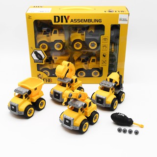 Đồ lắp ghép mô hình oto xây dựng DIY 4 món gồm Cần cẩu sang xe trộn bê tông, máy xúc và chở đất Toyshouse