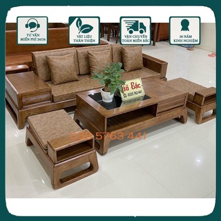 sofa gỗ sồi nga - ghế dài kích thước 2m3 kèm bàn trà và 2 đôn