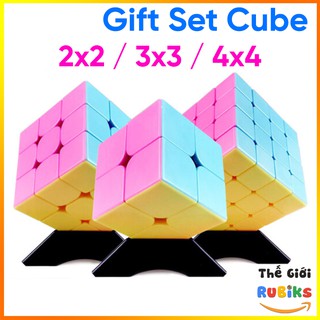 Combo 3 Rubik Promotion 2x2 3x3 4x4 Stickerless Cube Mặt Màu Hồng Cho Bạn Gái