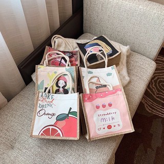 Túi Cói Vintage Đi Biển Phong Cách Hàn Quốc Hoạ Tiết Hoạt Hình Siêu Đáng Yêu