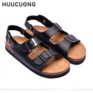 Giày sandal unisex HuuCuong 2 khóa màu đen đế trấu handmade