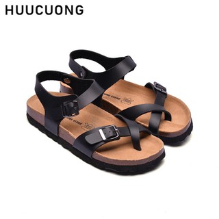 Giày sandal unisex HuuCuong xỏ ngón đen đế trấu handmade