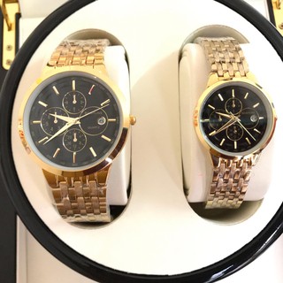 Đồng hồ đôi BAISHUNS 363 dây kim loại viền vàng mặt đen thời trang phong cách