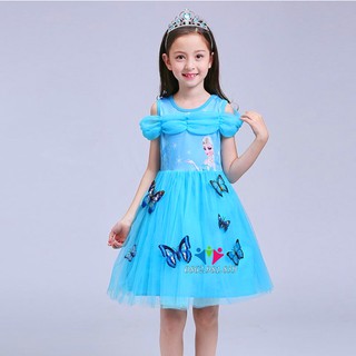Váy công chúa Elsa cánh bướm cho bé gái - Đầm Elsa tà dài màu xanh cho bé - Váy Đầm công chúa Elsa.