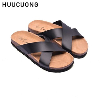 Dép unisex quai chéo HuuCuong unisex màu đen đế trấu handmade (1)