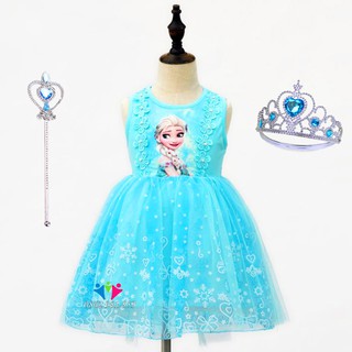 Váy Elsa Công Chúa Có Vương Miện, Gậy Thần Cho Bé - Đầm Elsa màu xanh cho bé