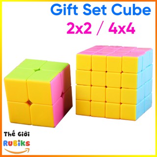 Combo 2 Rubik Promotion 2x2 4x4 Stickerless Cube Mặt Màu Hồng Cho Bạn Gái