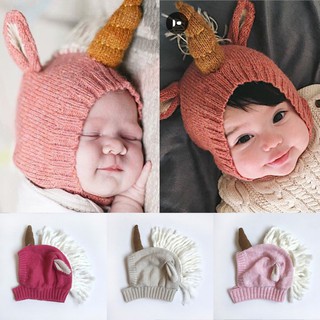 Mũ len giữ ấm phối đôi tai và sừng kỳ lân độc đáo dễ thương cho bé